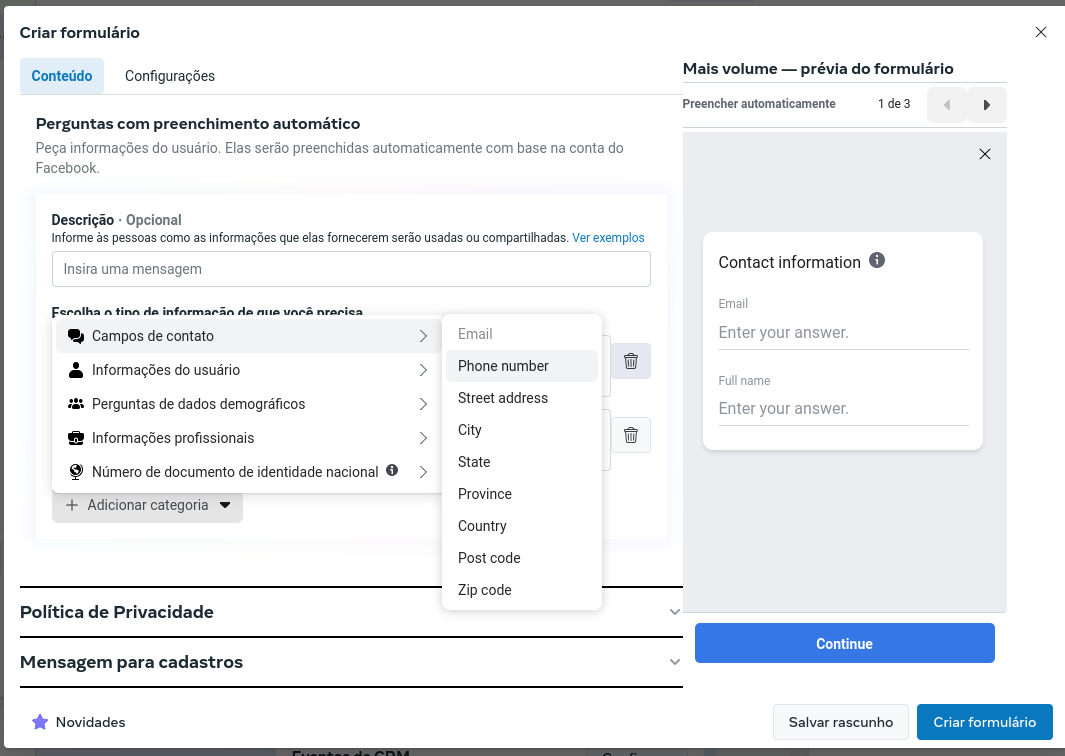 criação formulário telefone