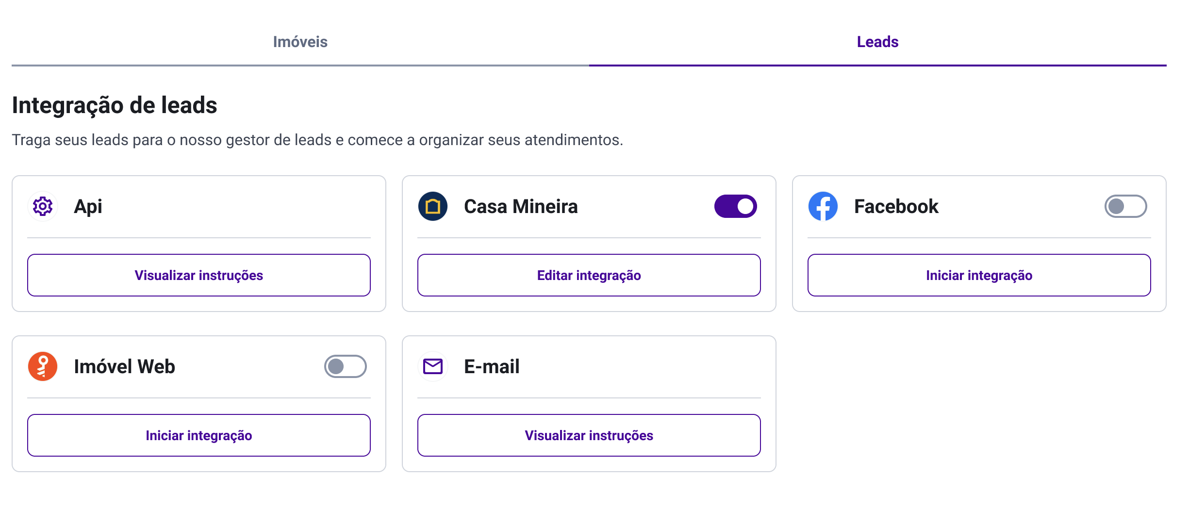 Tela de Configuração de Integração de Leads